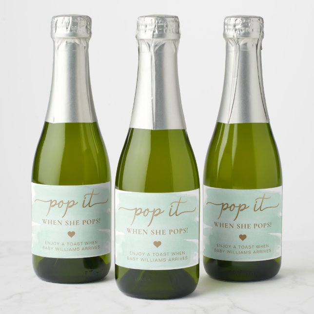 Mint Green Watercolour Baby Shower Sparkling Wine  Label (Bottles)