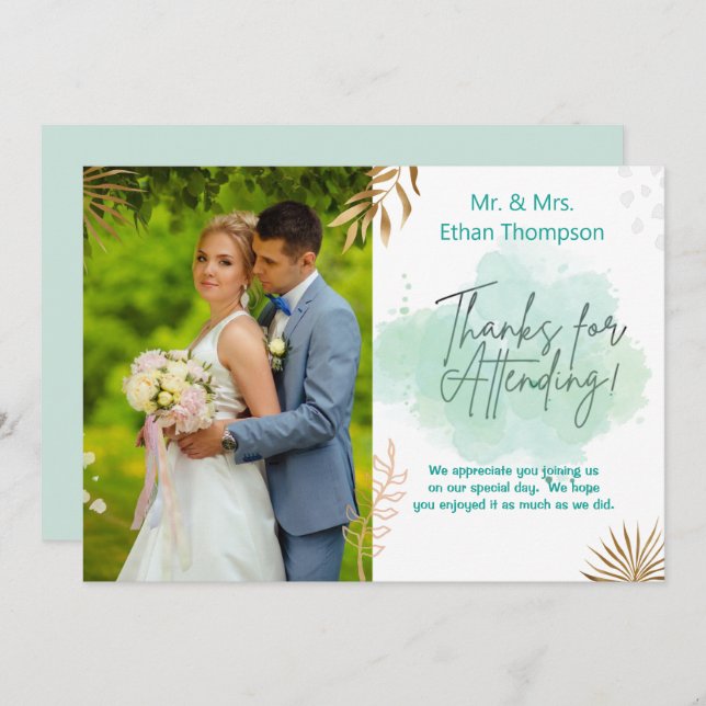 Mint Green Wedding Photo Flat Thank You Card (Front/Back)