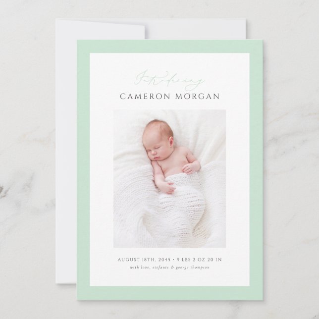 Mint Green Whimsical Calligraphy Photo Baby Birth Announcement (Front)