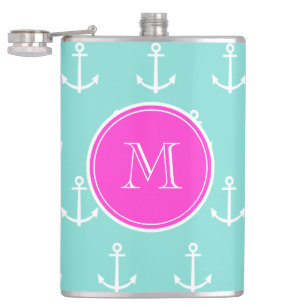 Mint Green White Anchors, Hot Pink Monogram Hip Flask
