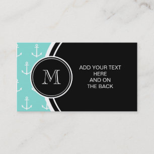 Mint Green White Anchors Pattern, Black Monogram Business Card