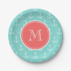 Mint Green White Anchors Pattern, Coral Monogram