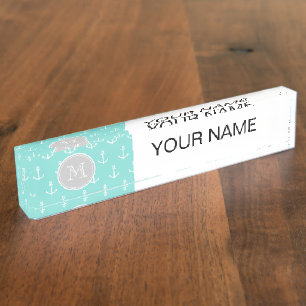 Mint Green White Anchors Pattern, Grey Monogram Nameplate