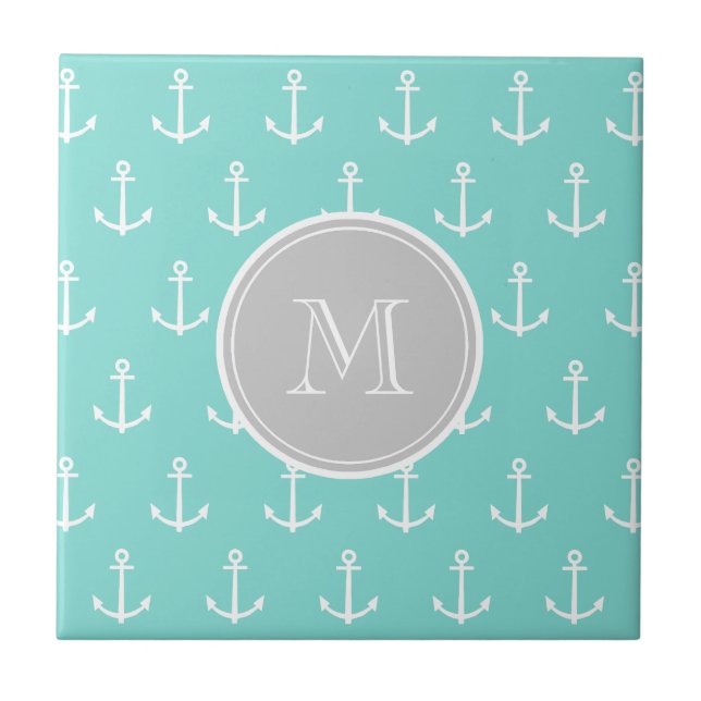 Mint Green White Anchors Pattern, Grey Monogram Tile (Front)