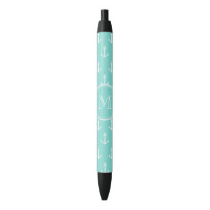 Mint Green White Anchors Pattern, Your Monogram Black Ink Pen