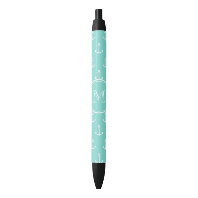 Mint Green White Anchors Pattern, Your Monogram Black Ink Pen (Front Vertical)