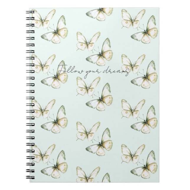 Mint Green White Butterflies II Notebook (Front)