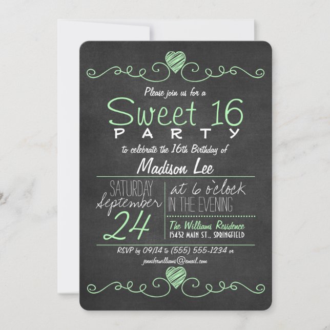 Mint Green, White Chalkboard Hearts Sweet 16 Party Invitation (Front)