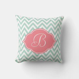 Mint Green White Chevron Light Pink Monogram Throw Pillow