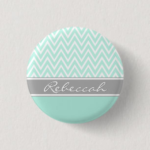 Mint Green White Chevron Zigzag Pattern Grey Name 1 Inch Round Button