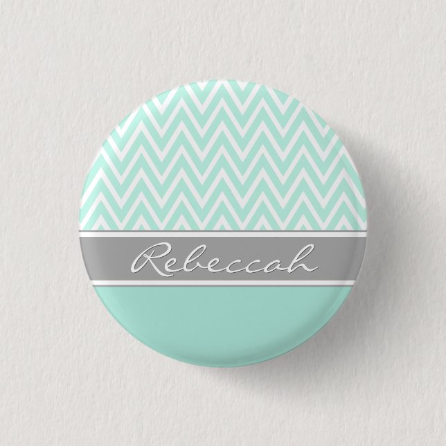 Mint Green White Chevron Zigzag Pattern Grey Name 1 Inch Round Button (Front)