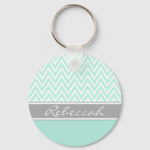 Mint Green White Chevron Zigzag Pattern Grey Name Keychain
