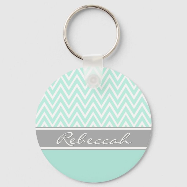 Mint Green White Chevron Zigzag Pattern Grey Name Keychain (Front)