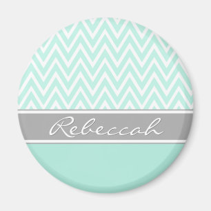 Mint Green White Chevron Zigzag Pattern Grey Name Magnet
