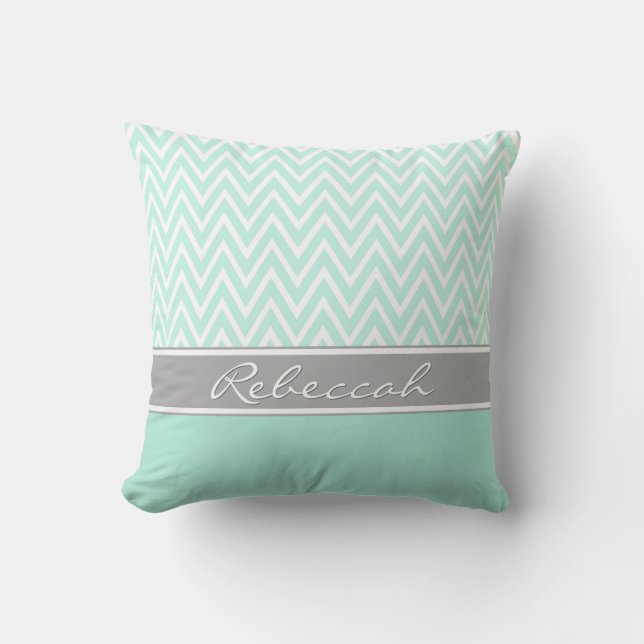 Mint Green White Chevron Zigzag Pattern Grey Name Throw Pillow (Front)