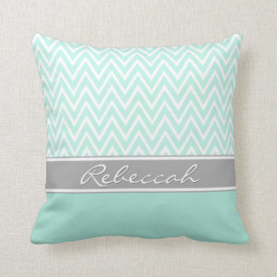 Mint Green White Chevron Zigzag Pattern Grey Name Throw Pillow