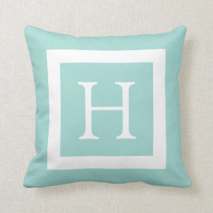 Mint Green White Custom Monogram Throw Pillow