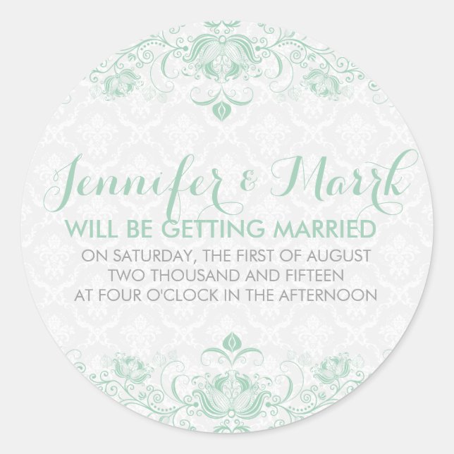Mint-Green & White Damask Save The Date Sticker (Front)