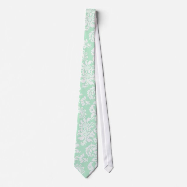 Mint-Green & White Floral Damask Pattern Tie (Front)