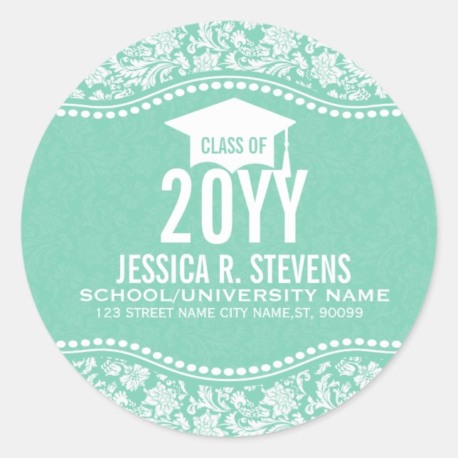 Mint-Green & White Floral Damasks Graduation Hat Classic Round Sticker (Front)