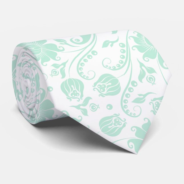 Mint-Green & White Floral Damasks Tie (Rolled)