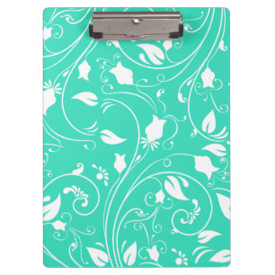 Mint Green, White Floral Swirls; Flowers Clipboard