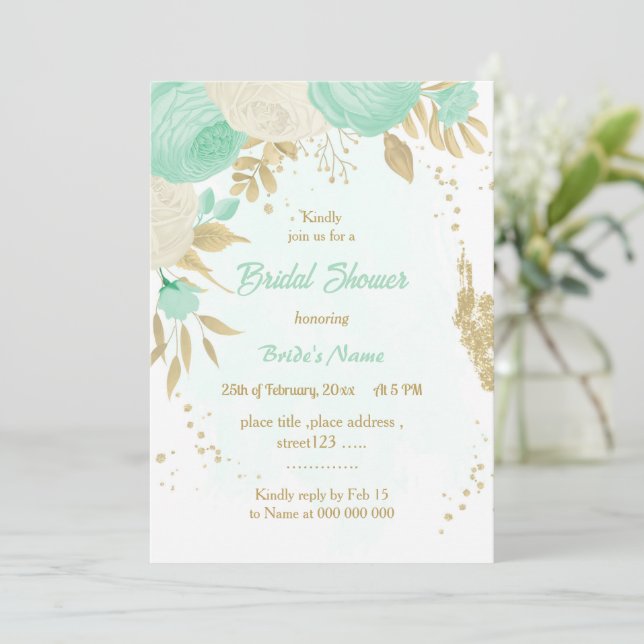 mint green white flowers gold floral bridal shower invitation (Standing Front)