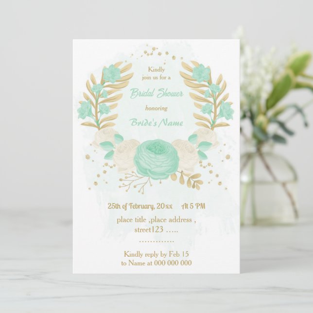 mint green white flowers gold floral bridal shower invitation (Standing Front)
