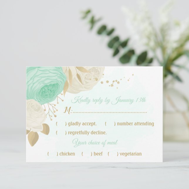 mint green white flowers gold floral meal choice RSVP card (Standing Front)