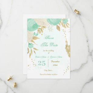 mint green white flowers gold floral save the date
