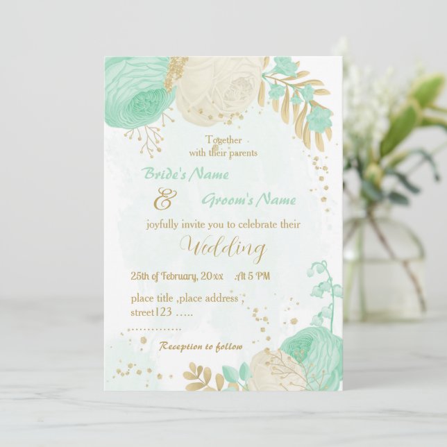 mint green &white flowers gold floral wedding invitation (Standing Front)