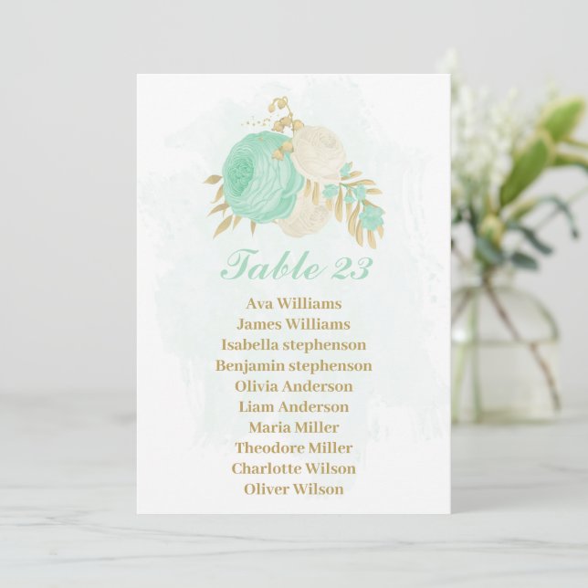 mint green &white flowers gold seating chart card (Standing Front)