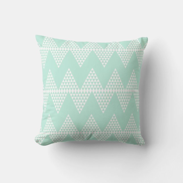 Mint Green White Geometric  Chevron Pattern Throw Pillow (Front)