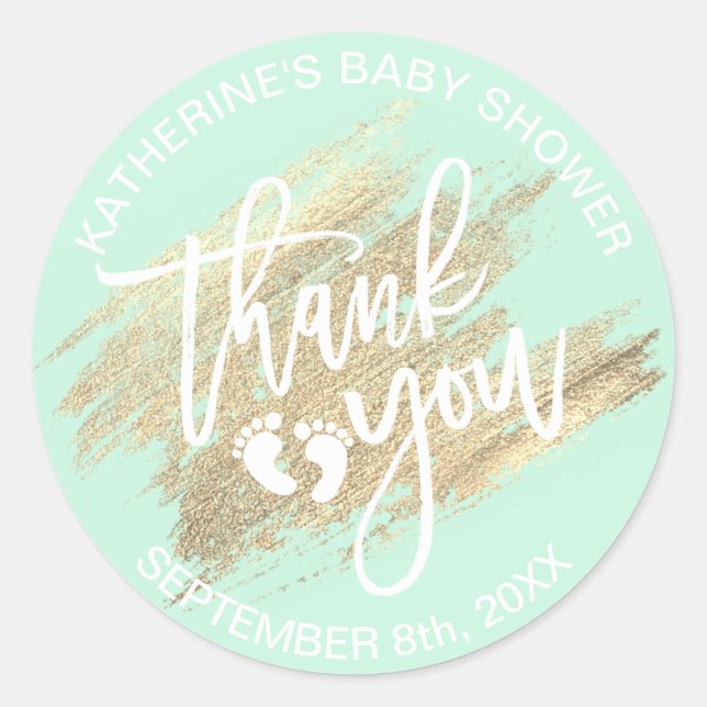 Mint Green White Gold Brush Stroke Baby Shower Classic Round Sticker (Front)