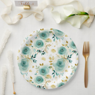 Mint Green White Gold Rose Floral Bridal Shower Paper Plate