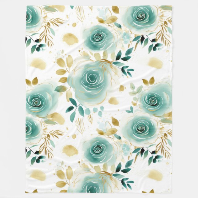 Mint Green White Gold Rose Floral Fleece Blanket (Front)