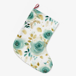 Mint Green White Gold Rose Floral Large Christmas Stocking