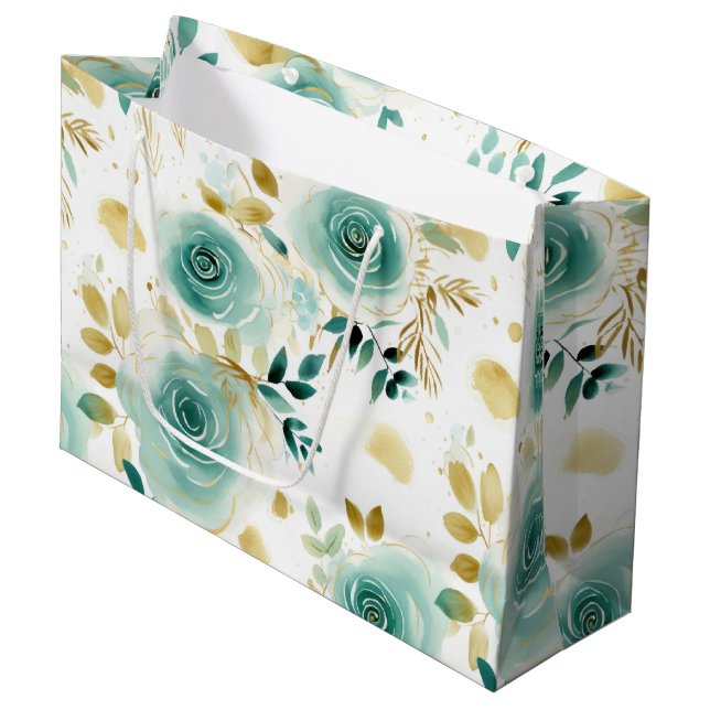 Mint Green White Gold Rose Floral Large Gift Bag (Front Angled)