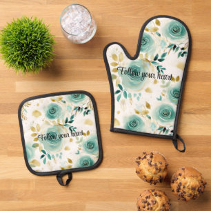 Mint Green White Gold Rose Floral Oven Mitt & Pot Holder Set