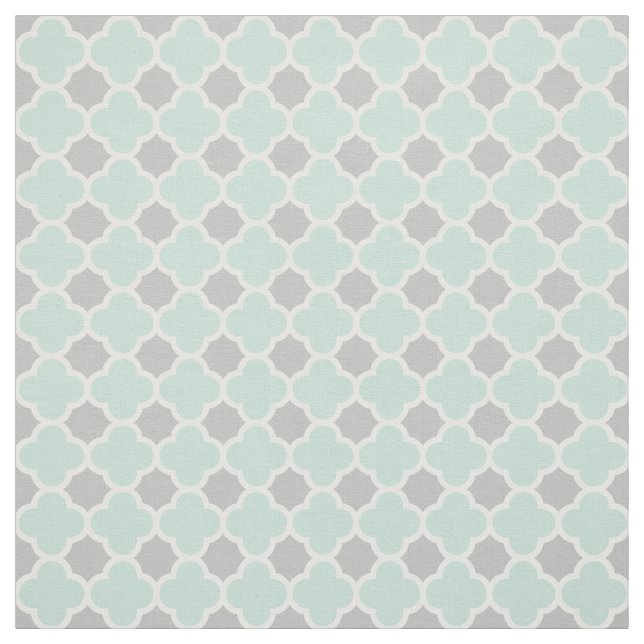 Mint Green White Grey Quatrefoil Pattern Fabric (Swatch)