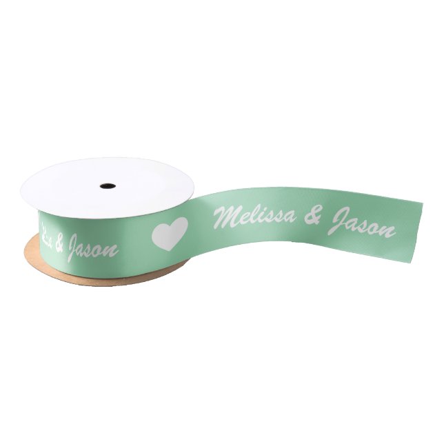 Mint Green & White Hearts & Wedding Couple Names Satin Ribbon (Spool)
