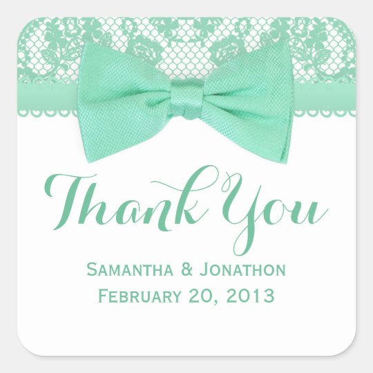 Mint Green & White Lace Bow Wedding Thank You Square Sticker