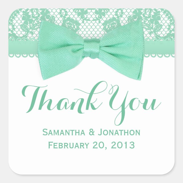 Mint Green & White Lace Bow Wedding Thank You Square Sticker (Front)