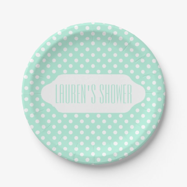 Mint green white polka dot paper plate (Front)