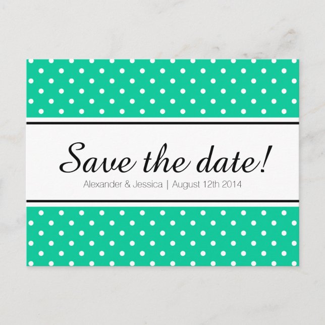 Mint green & white polkadot save the date postcard (Front)