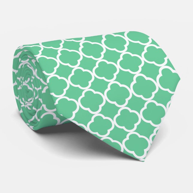 Mint green & White Quatrefoil Geometric Pattern Tie (Rolled)