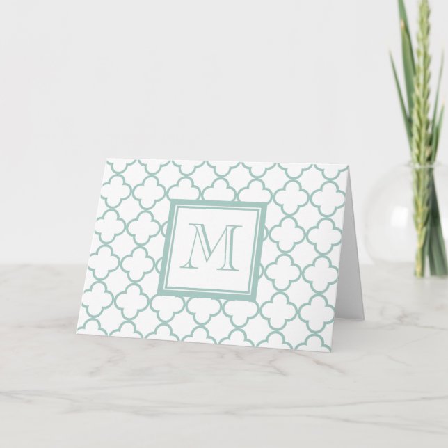 Mint Green, White Quatrefoil | Your Monogram Note Card (Front)