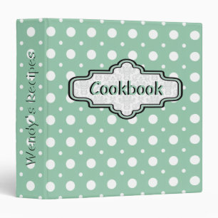 Mint green, white retro polka dot cute recipe binder