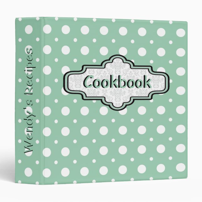 Mint green, white retro polka dot cute recipe binder (Front/Spine)