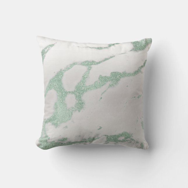 Mint Green White Silver Grey Metallic Marble Stone Throw Pillow (Front)